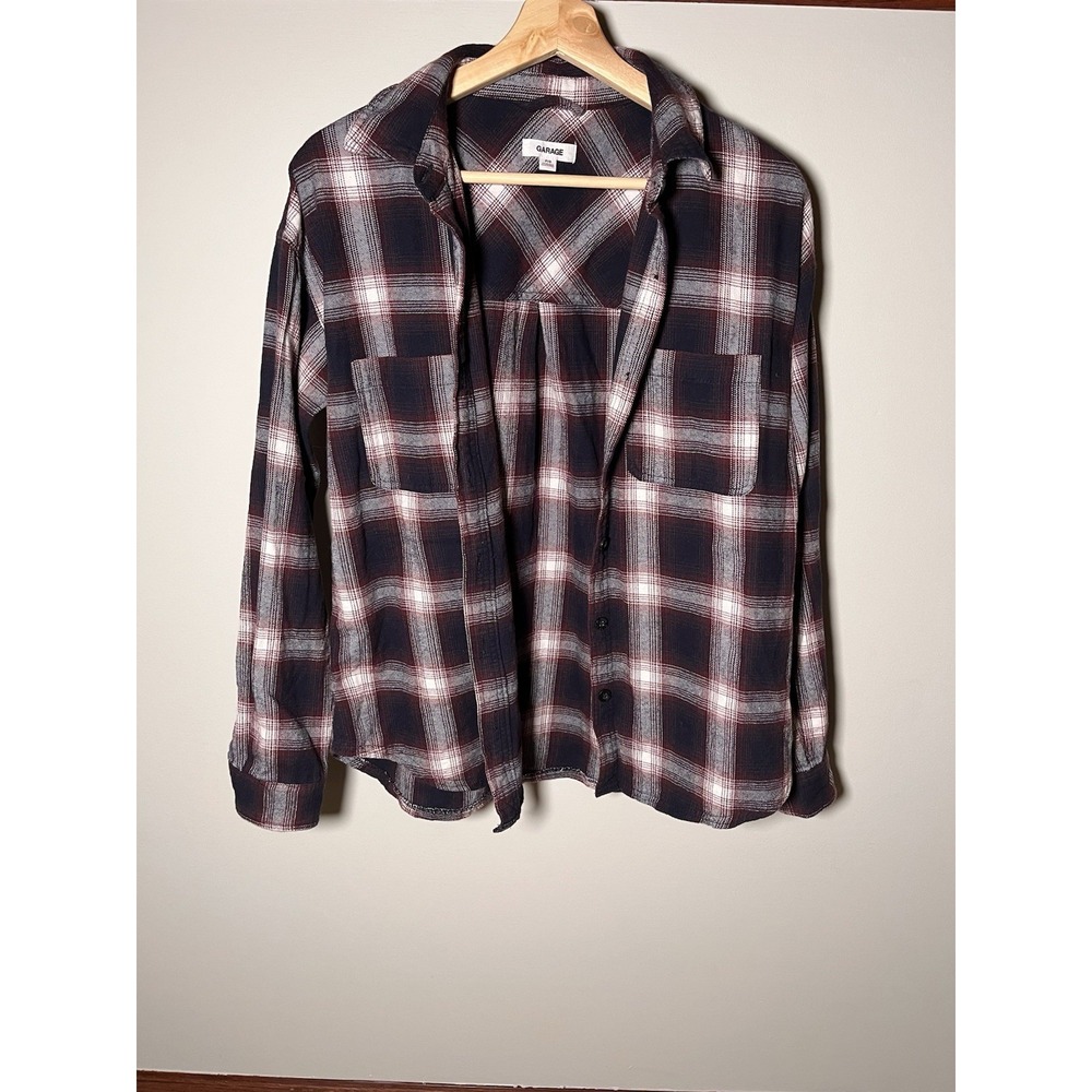 Garage Plaid Flannel Button Down Shirt Navy Burgundy White Small P/S 100% Cotton